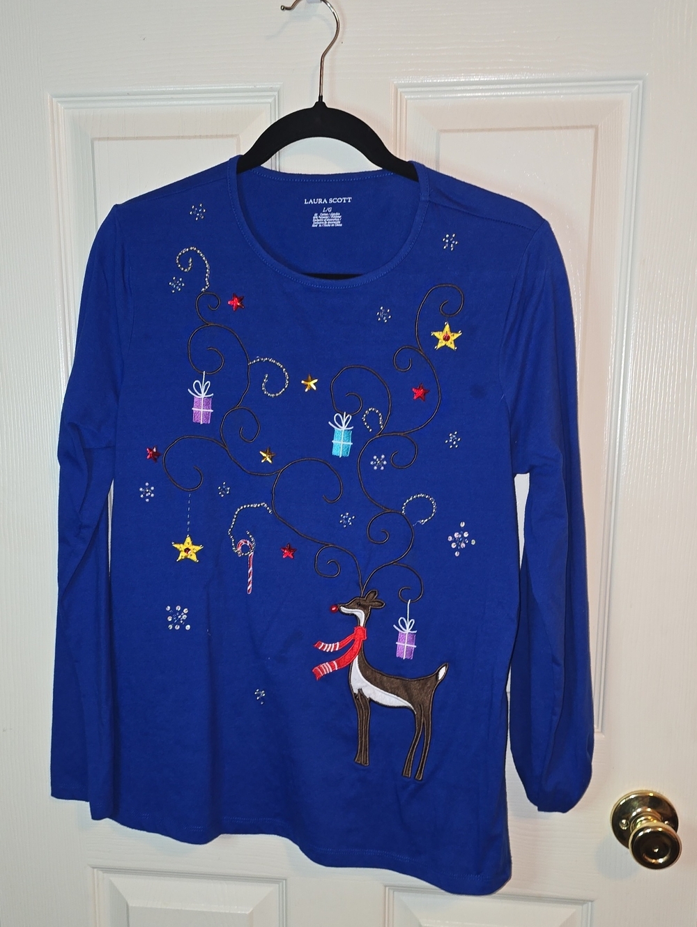 Laura Scott Royal Blue Long-Sleeve Tee with Festive Reindeer Motif